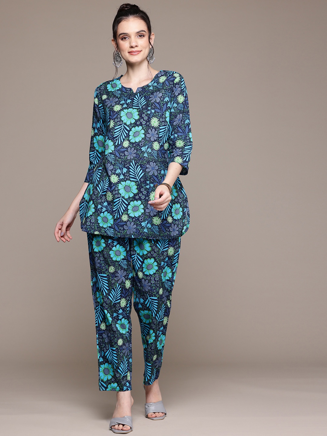 

Readiprint Floral Printed Pure Cotton Tunic with Trousers, Black