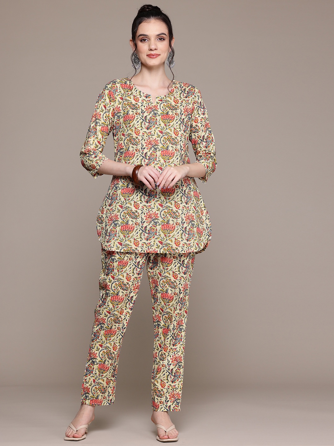 

Readiprint Floral Printed Pure Cotton Tunic with Trousers, Cream