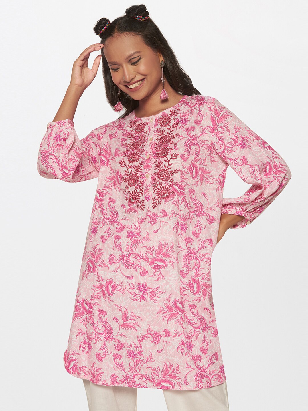 

Global Desi Floral Printed Round Neck Tunic, Lavender