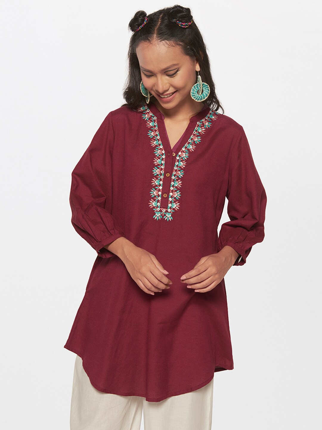 

Global Desi Mandarin Collar Embroidered Tunic, Maroon