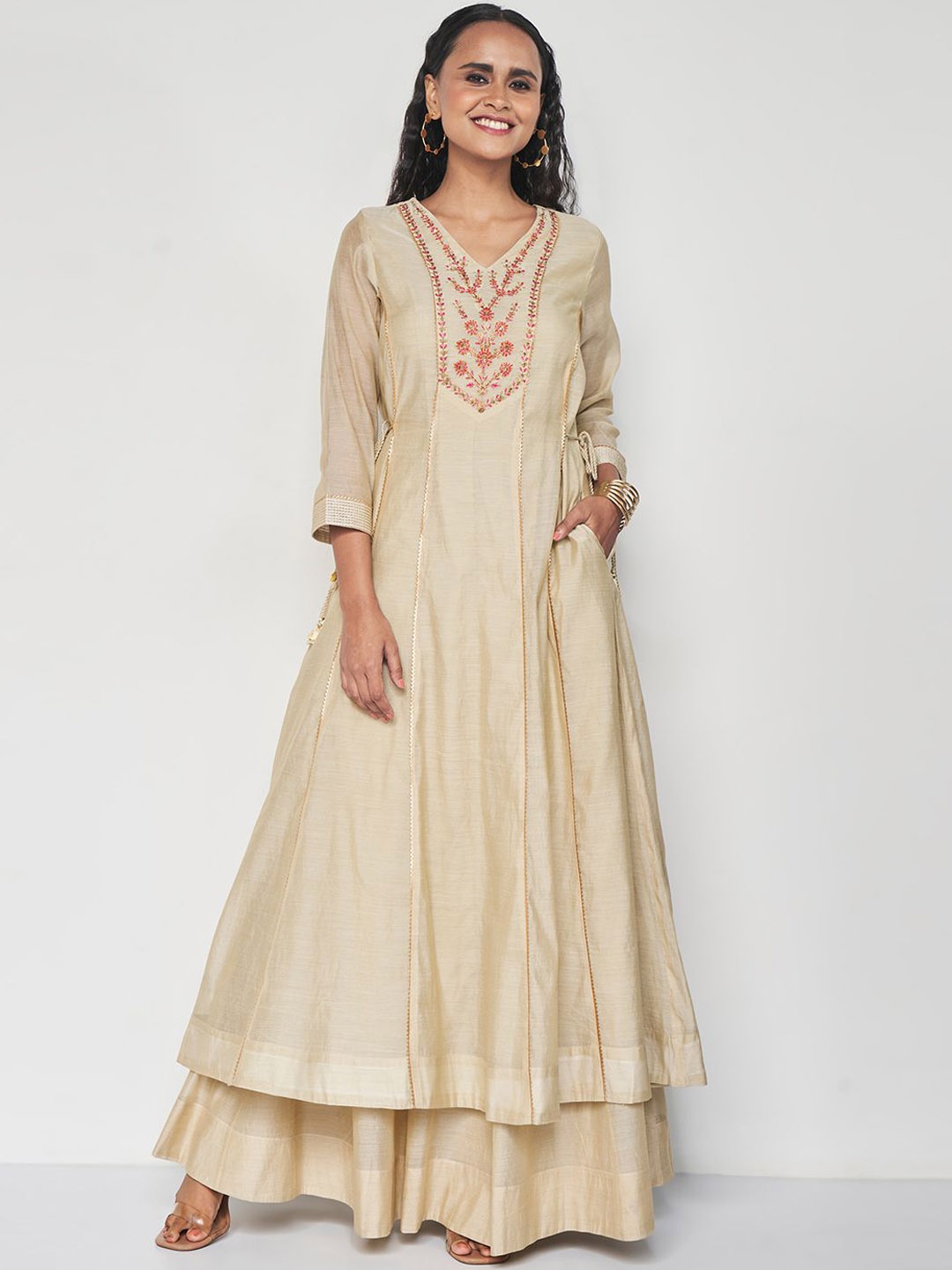 

Global Desi V Neck Ethnic Embroidered Anarkali Kurta, Beige