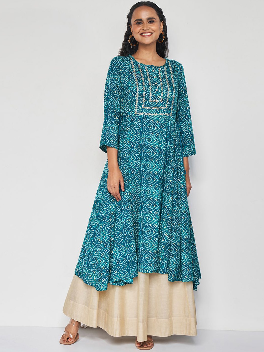 

Global Desi Round Neck Bandhani Printed Anarkali Kurta, Teal