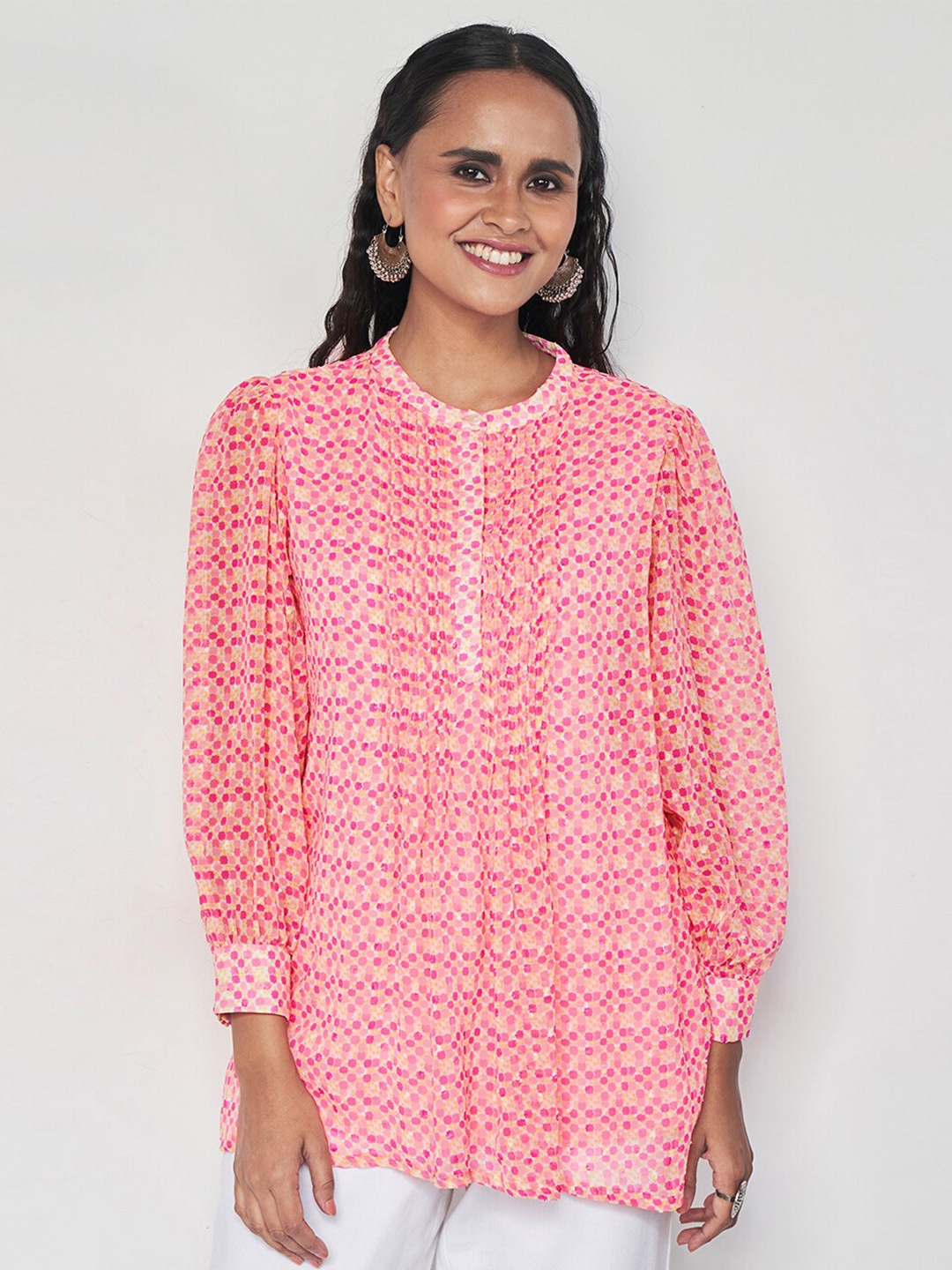 

Global Desi Polka Dot Printed Mandarin Collar Cuffed Sleeves Shirt Style Top, Pink