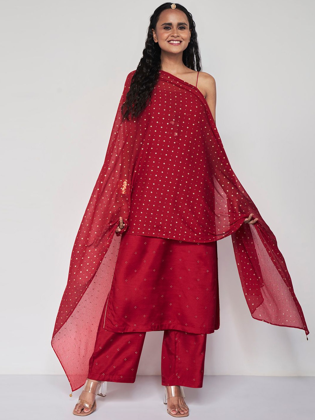 

Global Desi Ethnic Motifs Printed Regular Kurta with Palazzos & Dupatta, Red