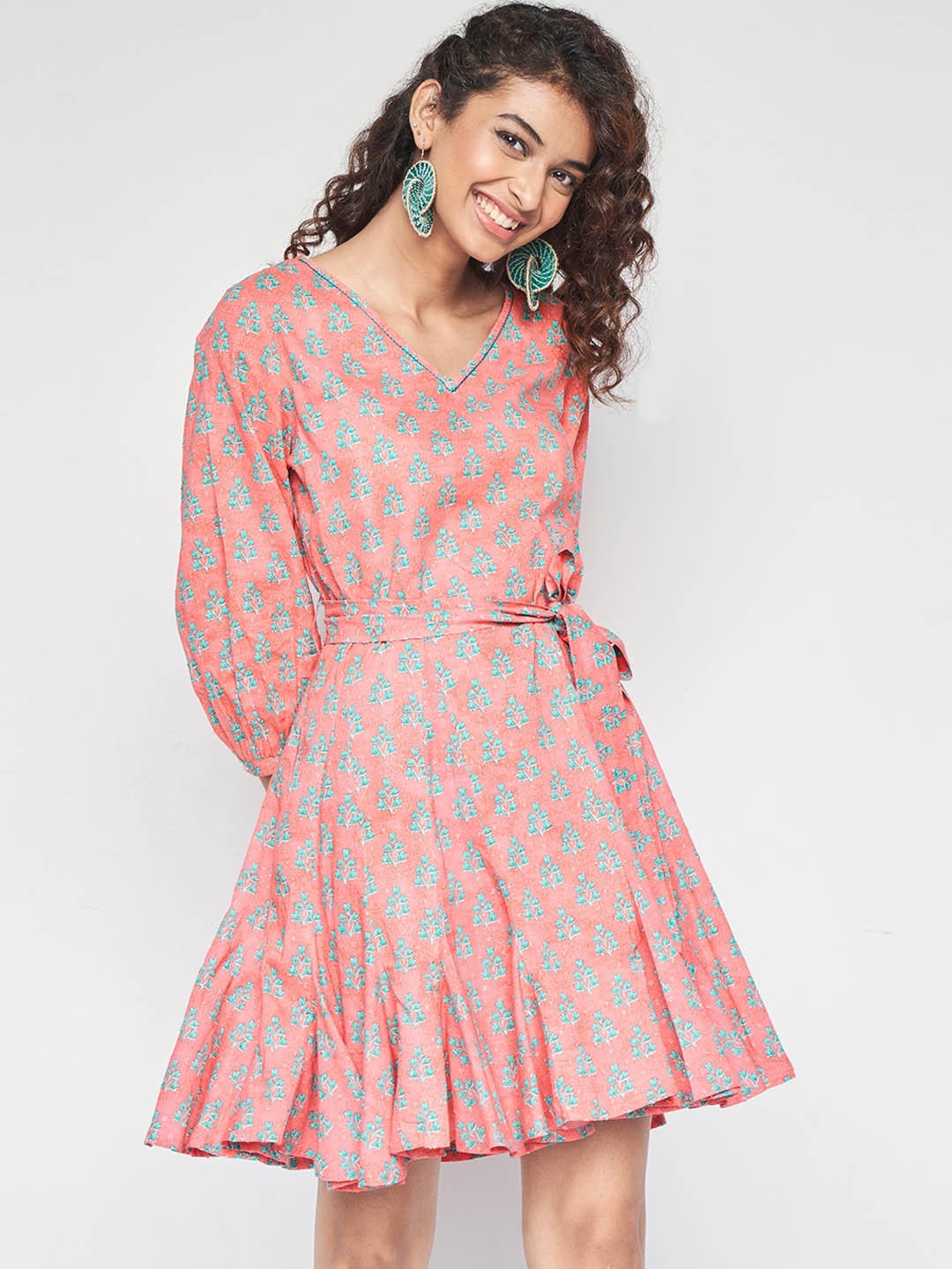 

Global Desi Printed Pure Cotton Fit and Flare Ethnic Dress, Pink