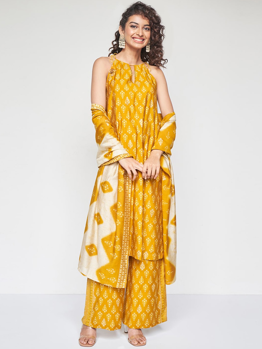 

Global Desi Ethnic Motifs Printed Regular Kurta with Palazzos & Dupatta, Mustard