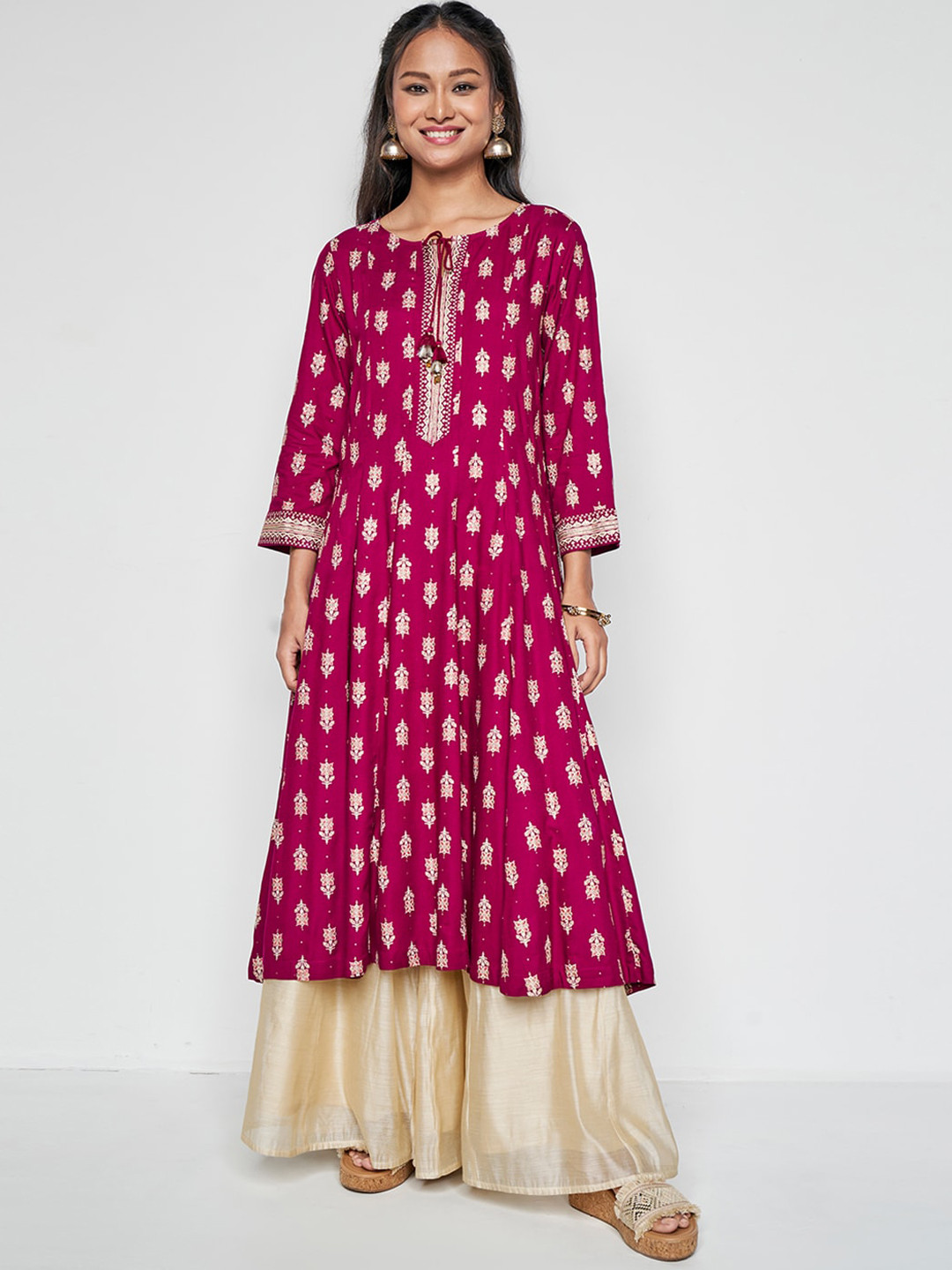 

Global Desi Tie Up Neck Ethnic Printed A line Kurta, Purple