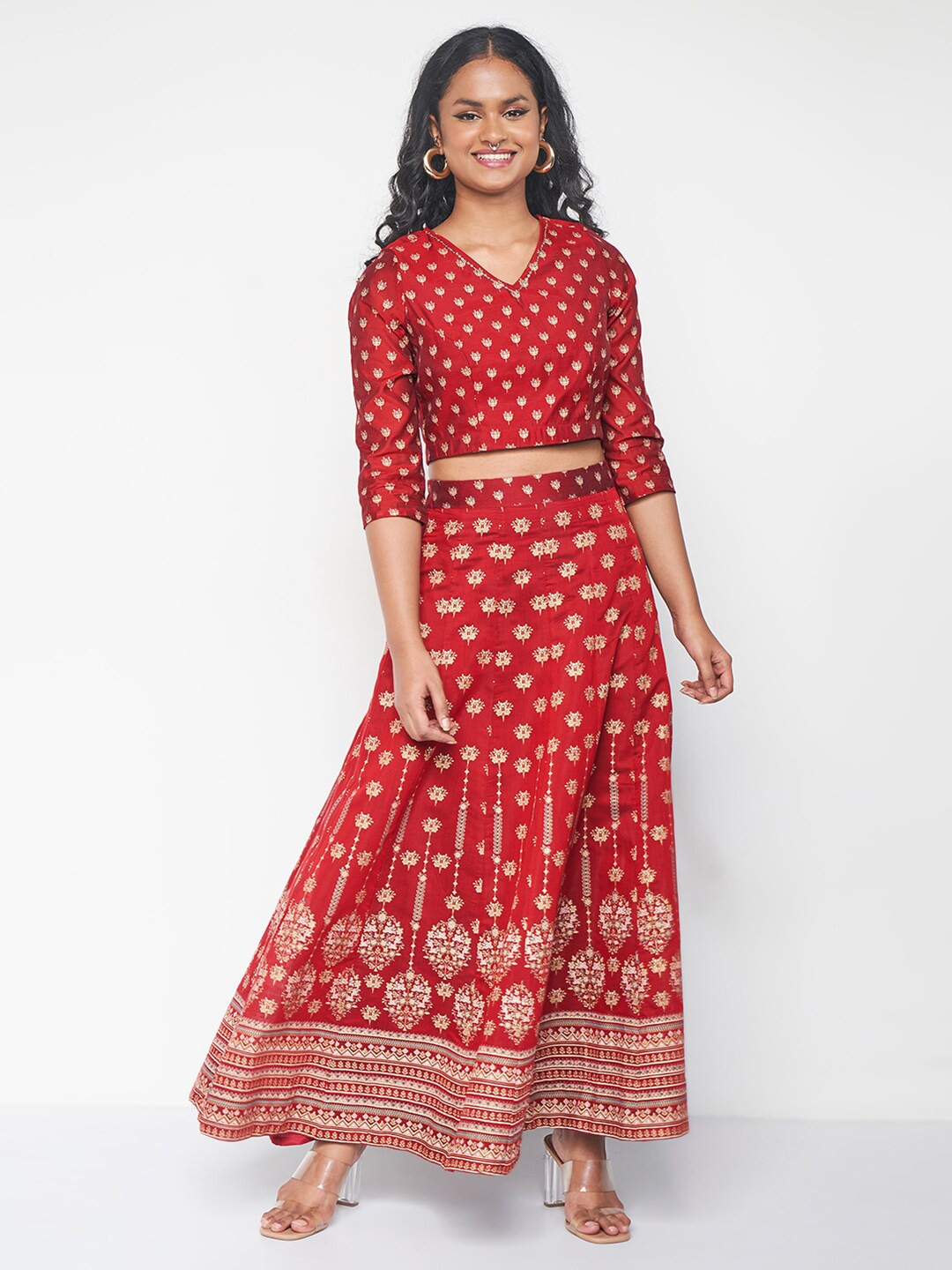 

Global Desi Women Printed Top With Skirt, Red