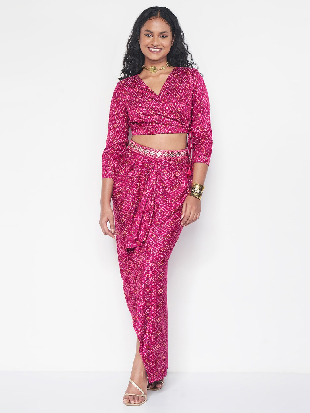 

Global Desi Printed V-Neck Top & Skirt, Pink