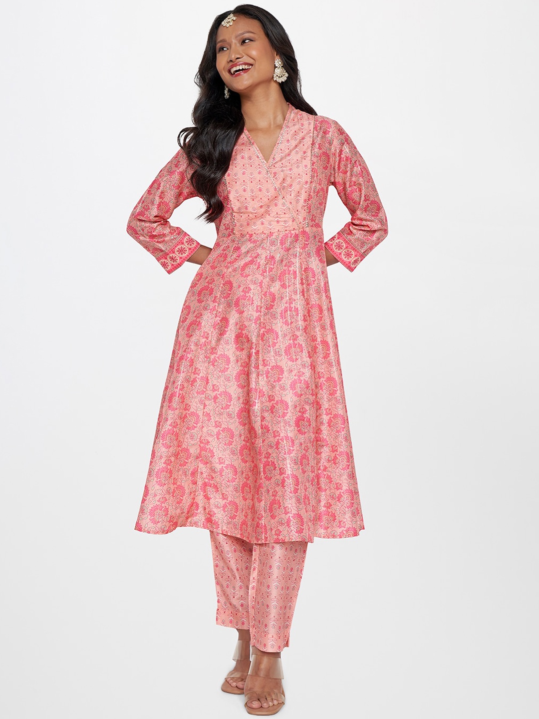 

Global Desi Ethnic Motifs Printed Angrakha Kurta with Trousers, Pink