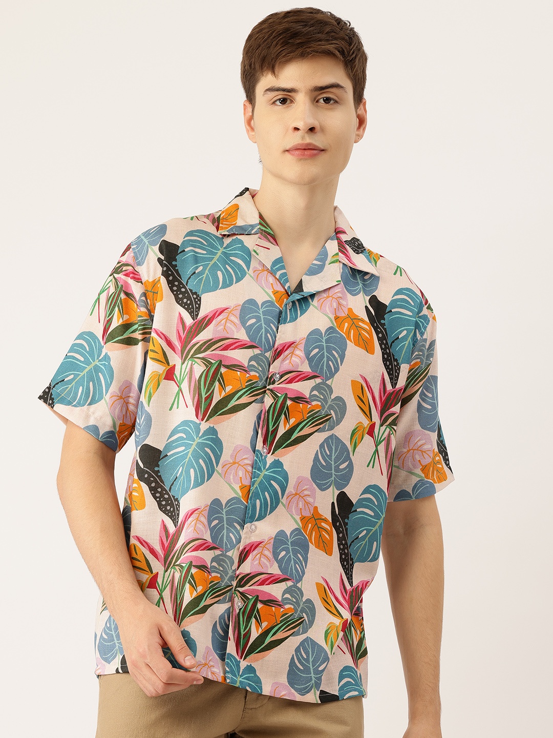 

Rapra The Label Men Comfort Tropical Printed Cuban Collar Relaxed Fit Casual Shirt, Lavender