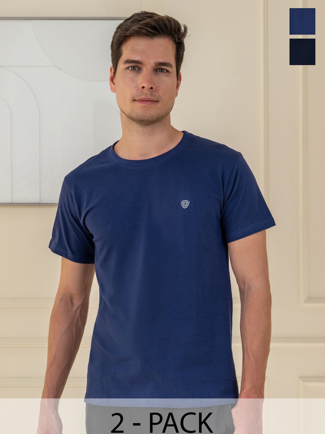 

Lux Cozi Pack Of 2 Short Sleeves Round Neck Cotton Casual T-Shirts, Navy blue