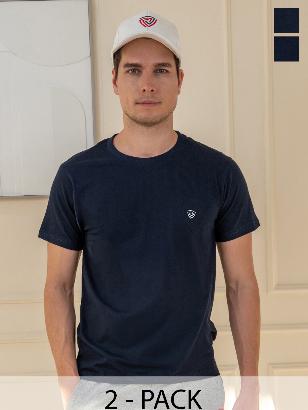 

Lux Cozi Pack Of 2 Short Sleeves Round Neck Cotton Casual T-Shirts, Navy blue