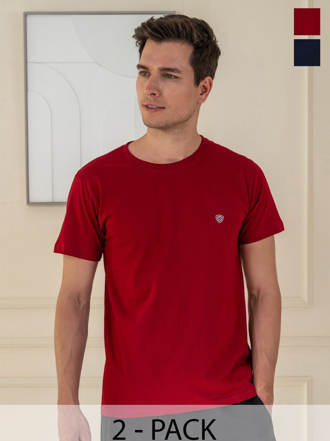 

Lux Cozi Pack Of 2 Short Sleeves Round Neck Cotton Casual T-Shirts, Navy blue
