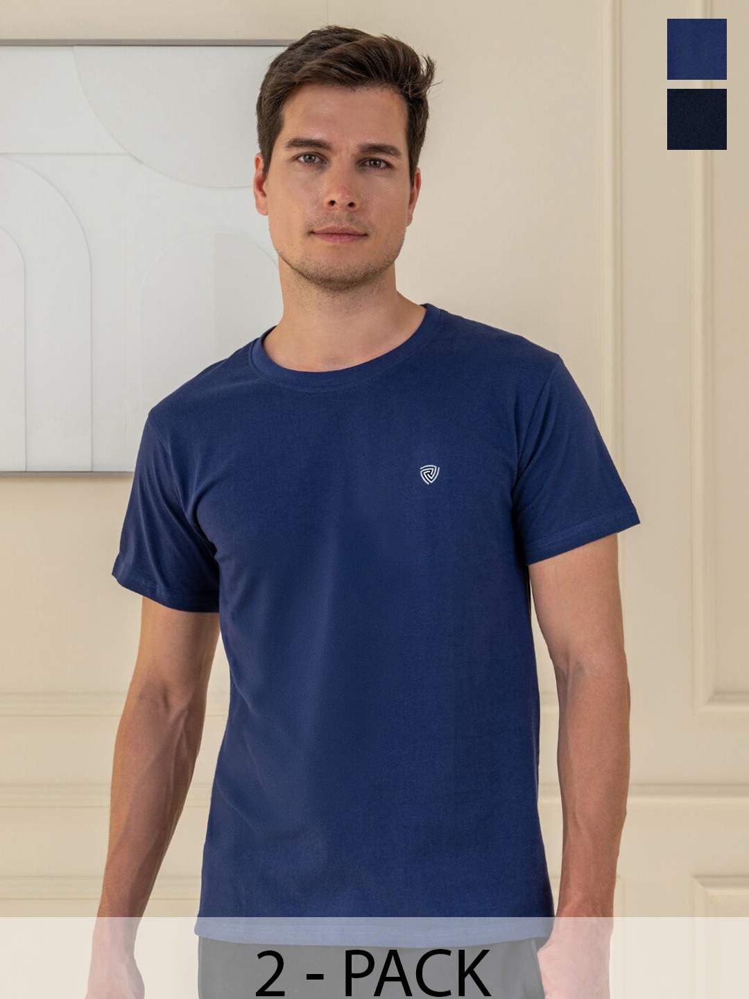 

Lux Cozi Pack Of 2 Short Sleeves Round Neck Cotton Casual T-Shirts, Navy blue