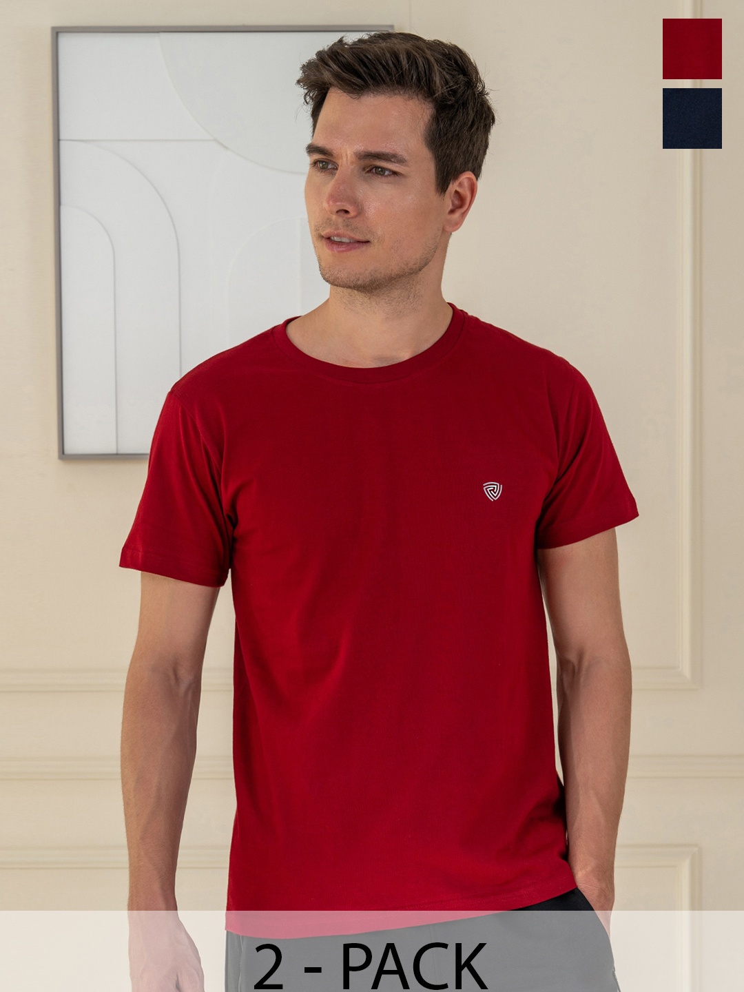 

Lux Cozi Pack Of 2 Short Sleeves Round Neck Cotton Casual T-Shirts, Navy blue