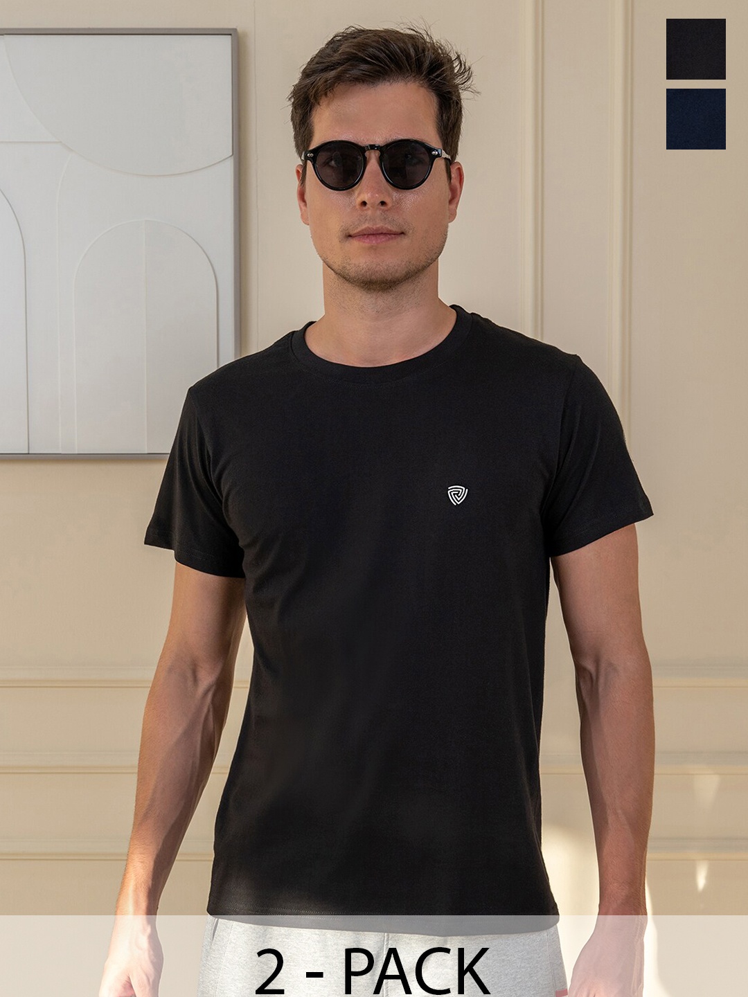 

Lux Cozi Pack Of 2 Short Sleeves Round Neck Cotton Casual T-Shirts, Black