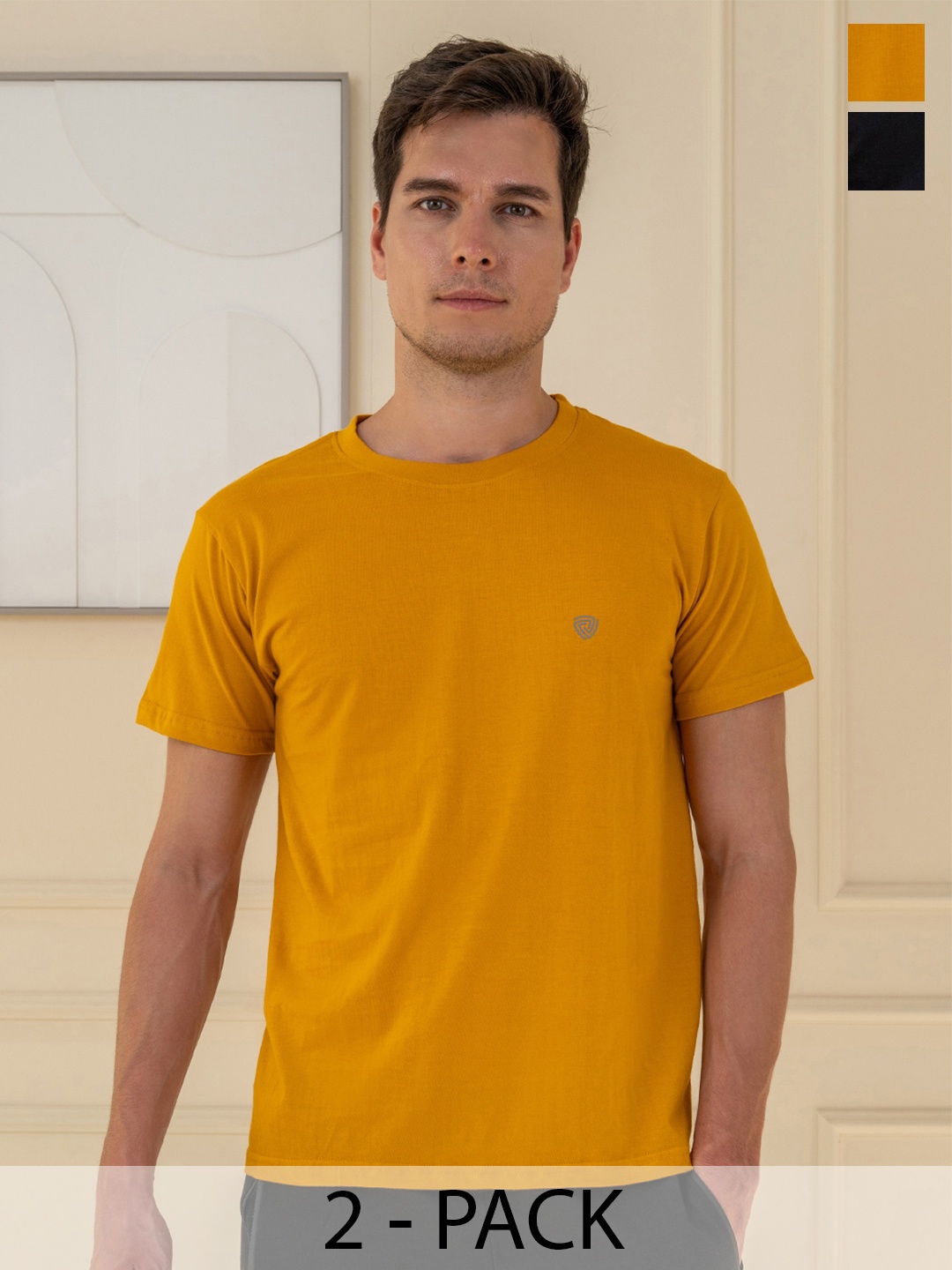 

Lux Cozi Pack Of 2 Short Sleeves Round Neck Cotton Casual T-Shirts, Mustard