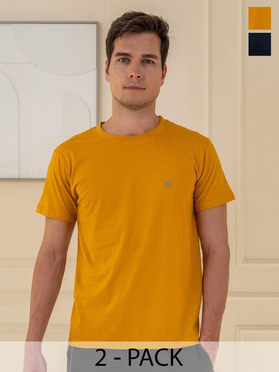 

Lux Cozi Pack Of 2 Short Sleeves Round Neck Cotton Casual T-Shirts, Navy blue