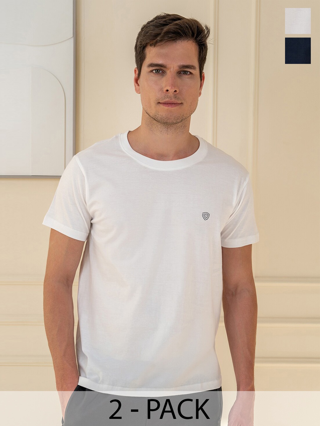 

Lux Cozi Pack Of 2 Short Sleeves Round Neck Cotton Casual T-Shirts, Navy blue