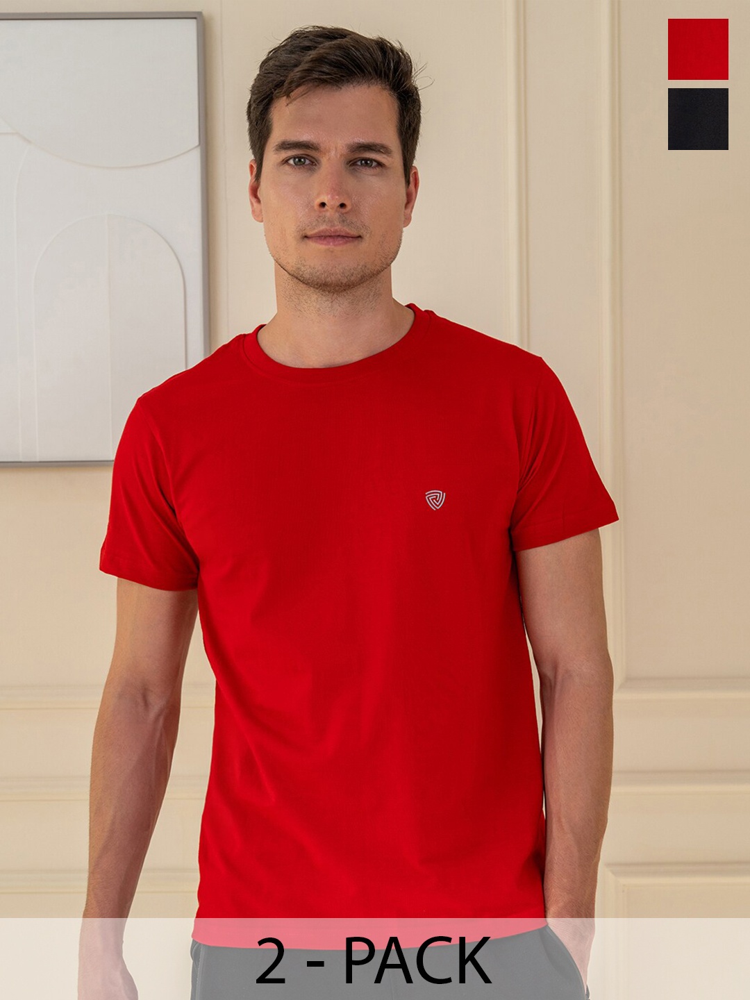 

Lux Cozi Pack Of 2 Short Sleeves Round Neck Cotton Casual T-Shirts, Black