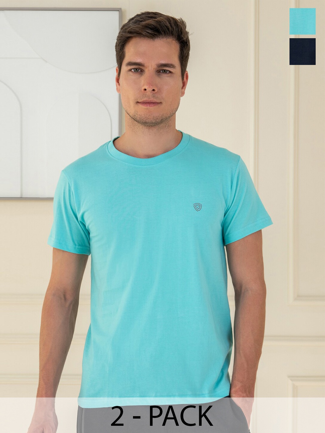 

Lux Cozi Pack Of 2 Short Sleeves Round Neck Cotton Casual T-Shirts, Navy blue