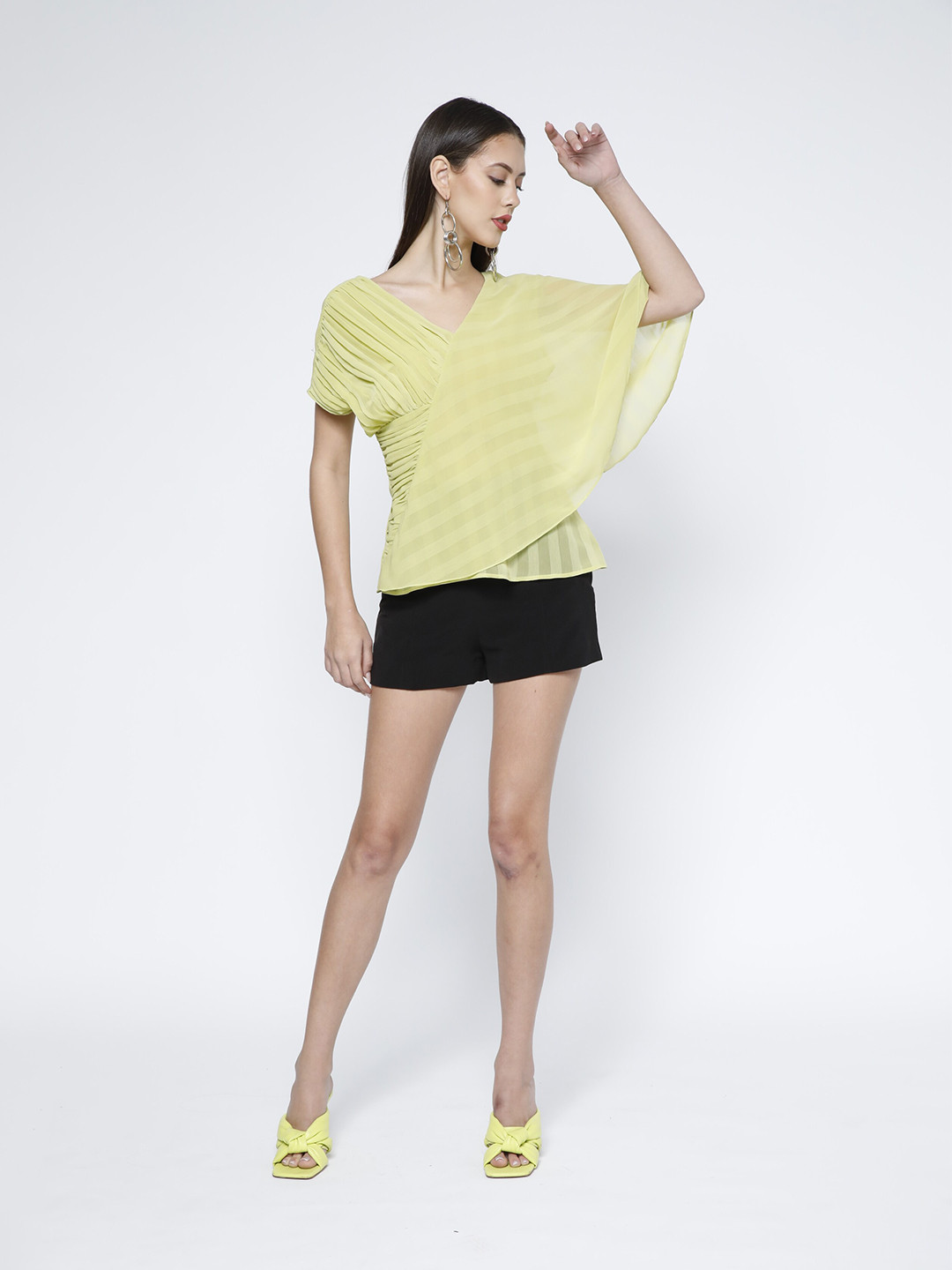 

SAMMYUKK Horizontal Stripes Flared Sleeves V-Neck Top, Green