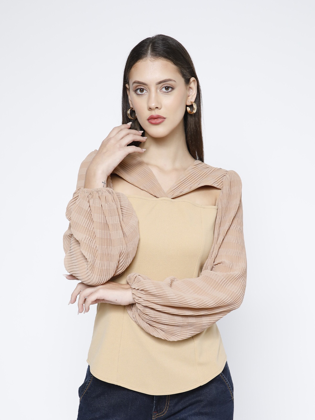 

SAMMYUKK Cuffed Sleeves Shirt Collar Chiffon Top, Beige