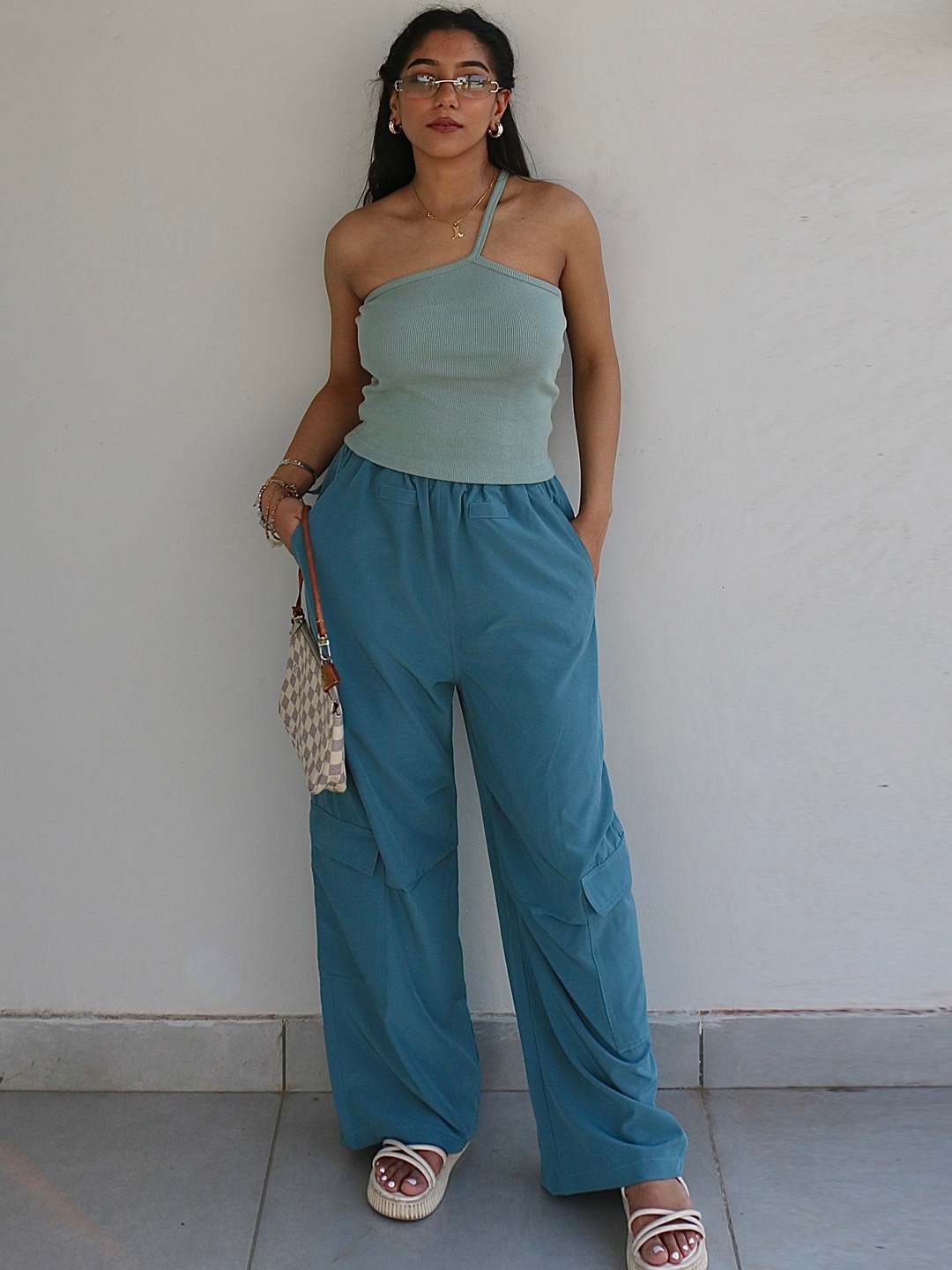 

Obleka Ribbed One Shoulder Sleeveless Top & Trouser, Blue