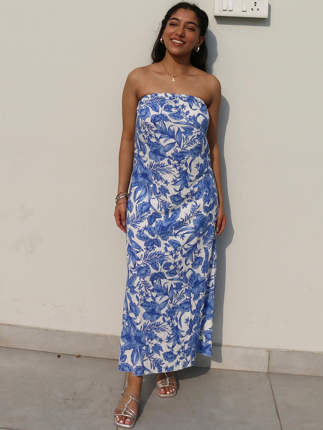 

Obleka Floral Printed Strapless Maxi Dress, Blue