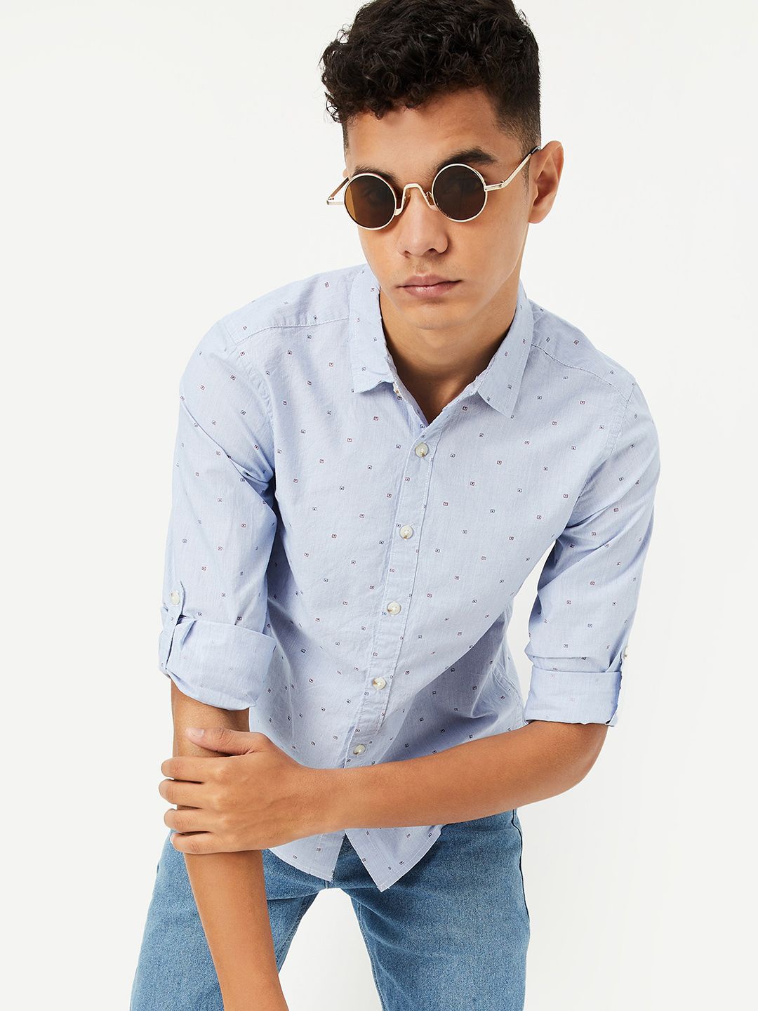 

max Boys Spread Collar Pinstripes Printed Cotton Casual Shirt, Blue