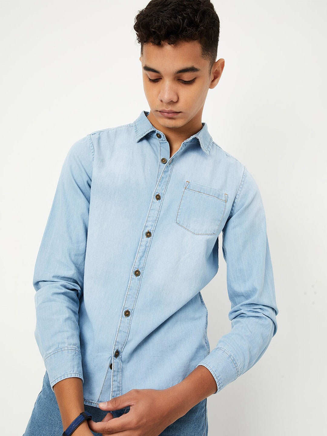 

max Boys Spread Collar Long Sleeves Pure Cotton Casual Shirt, Blue