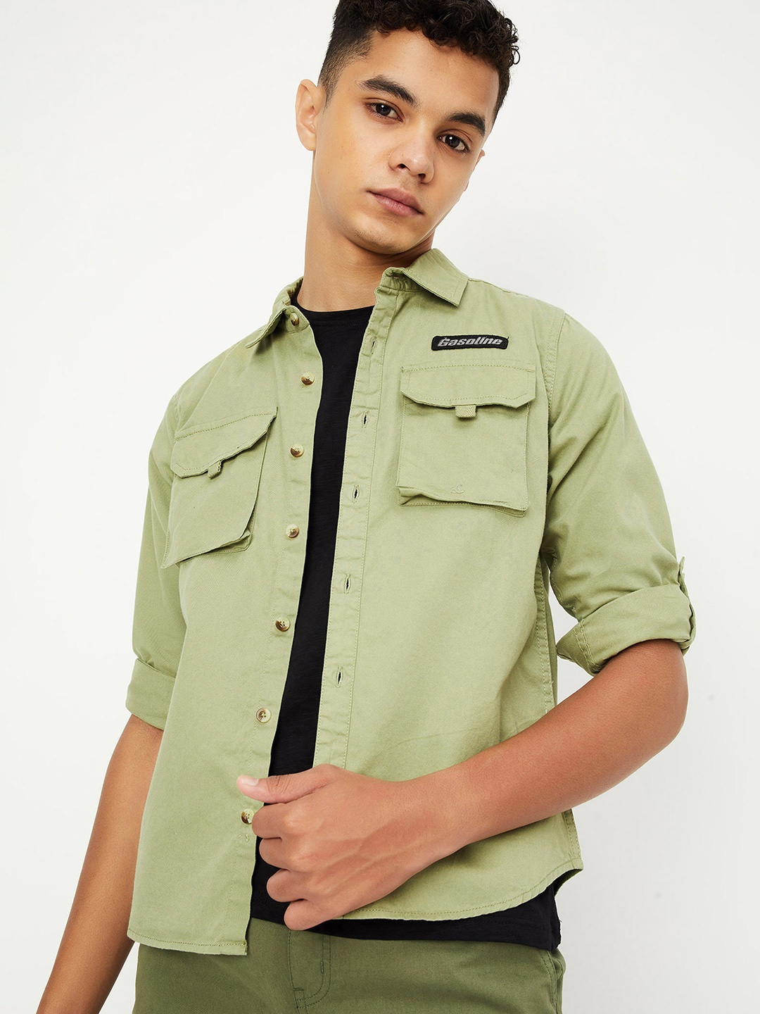 

max Boys Spread Collar Roll-Up Sleeves Pure Cotton Casual Shirt, Olive