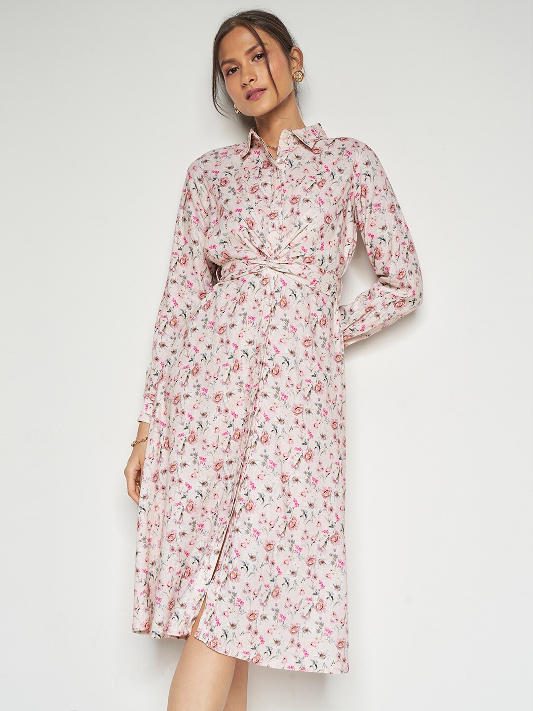 

AND Floral Printed Linen Shirt Midi Dress, Cream