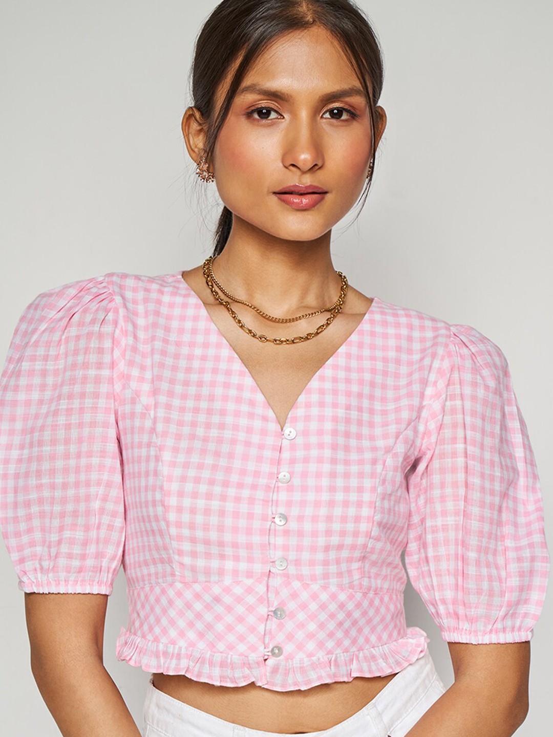 

AND Checked Puff Sleeve Cotton Crop Top, Pink