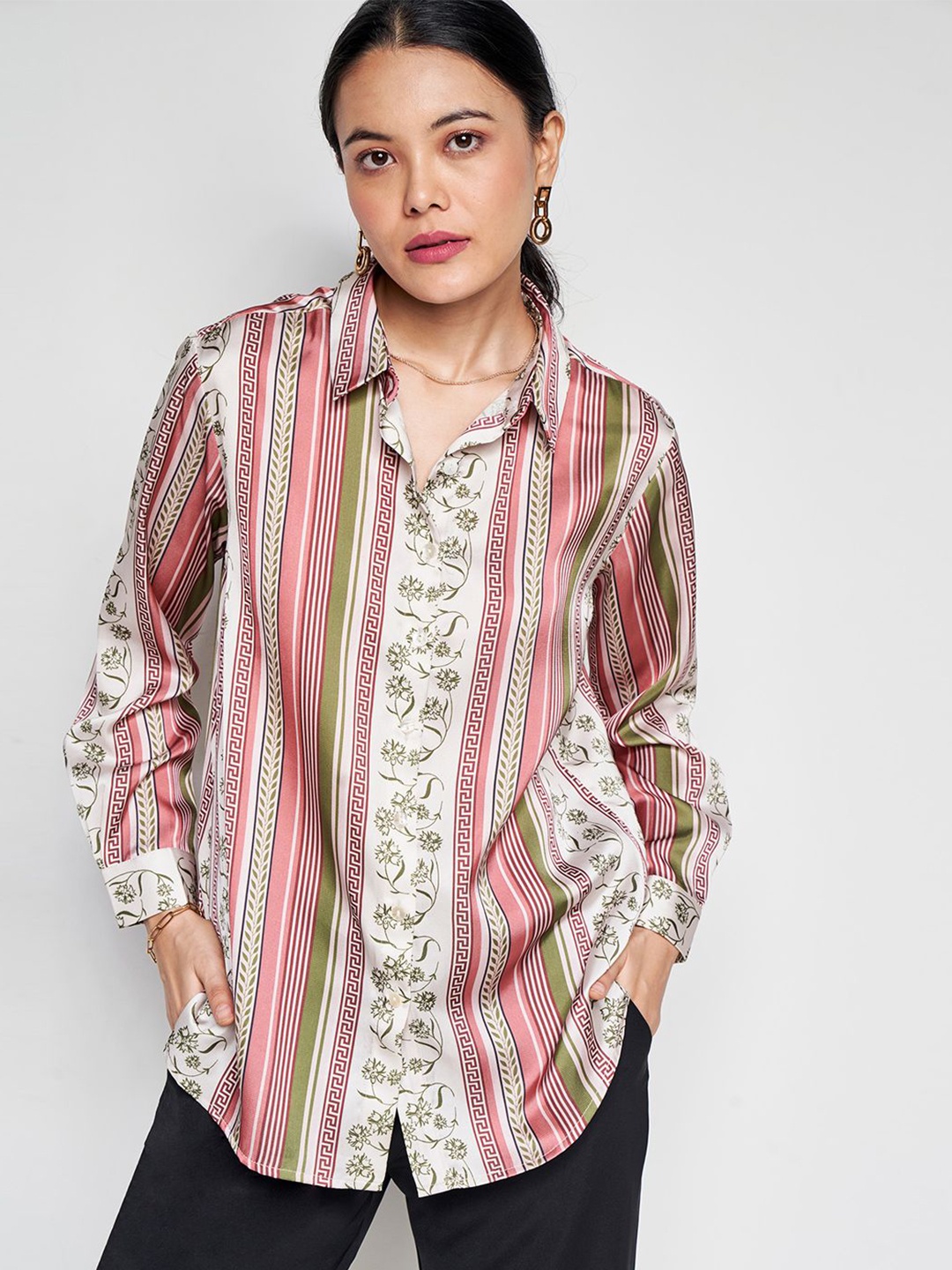 

AND Striped Cuffed Sleeves Top, Pink
