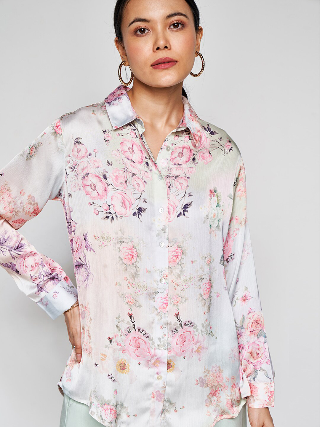 

AND Floral Printed Cuffed Sleeves Shirt Style Top, White
