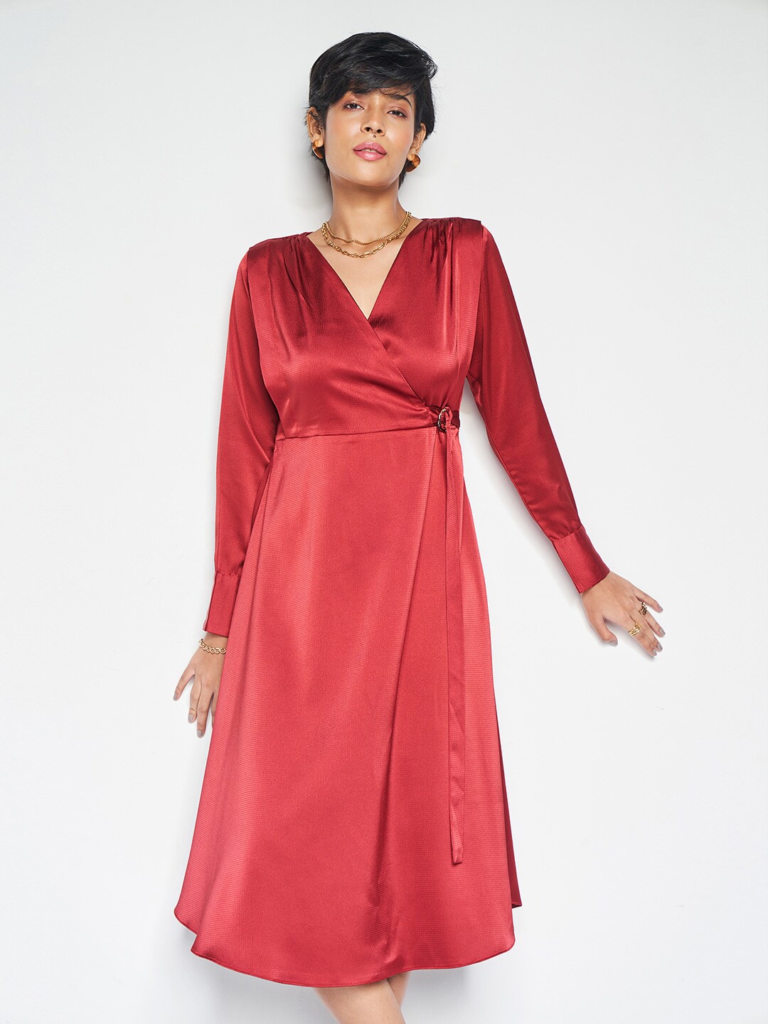 

AND V-Neck Long Cuffed Sleeves Wrap Dress, Red