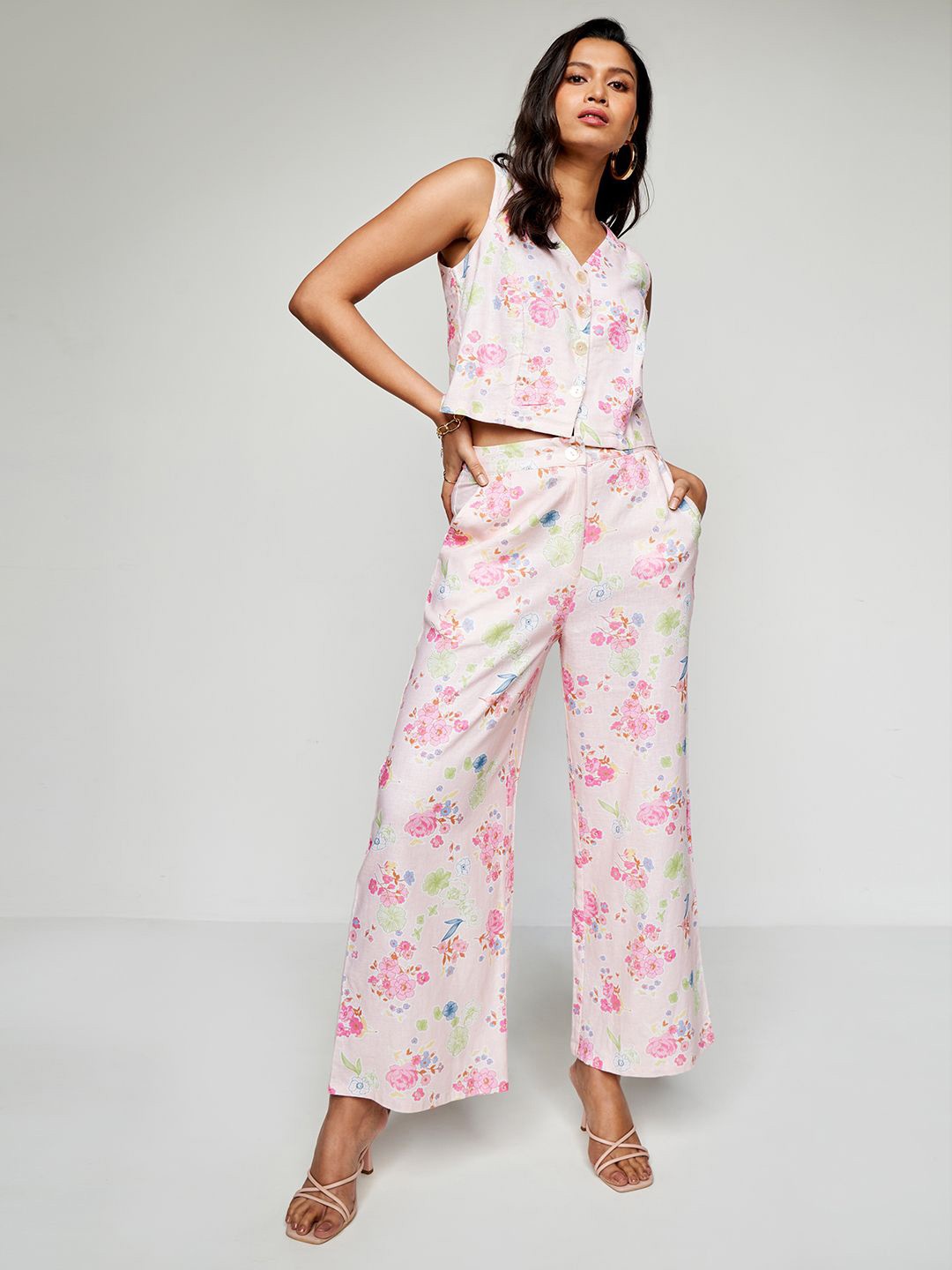

AND Floral Printed Top With Trousers Set, Pink