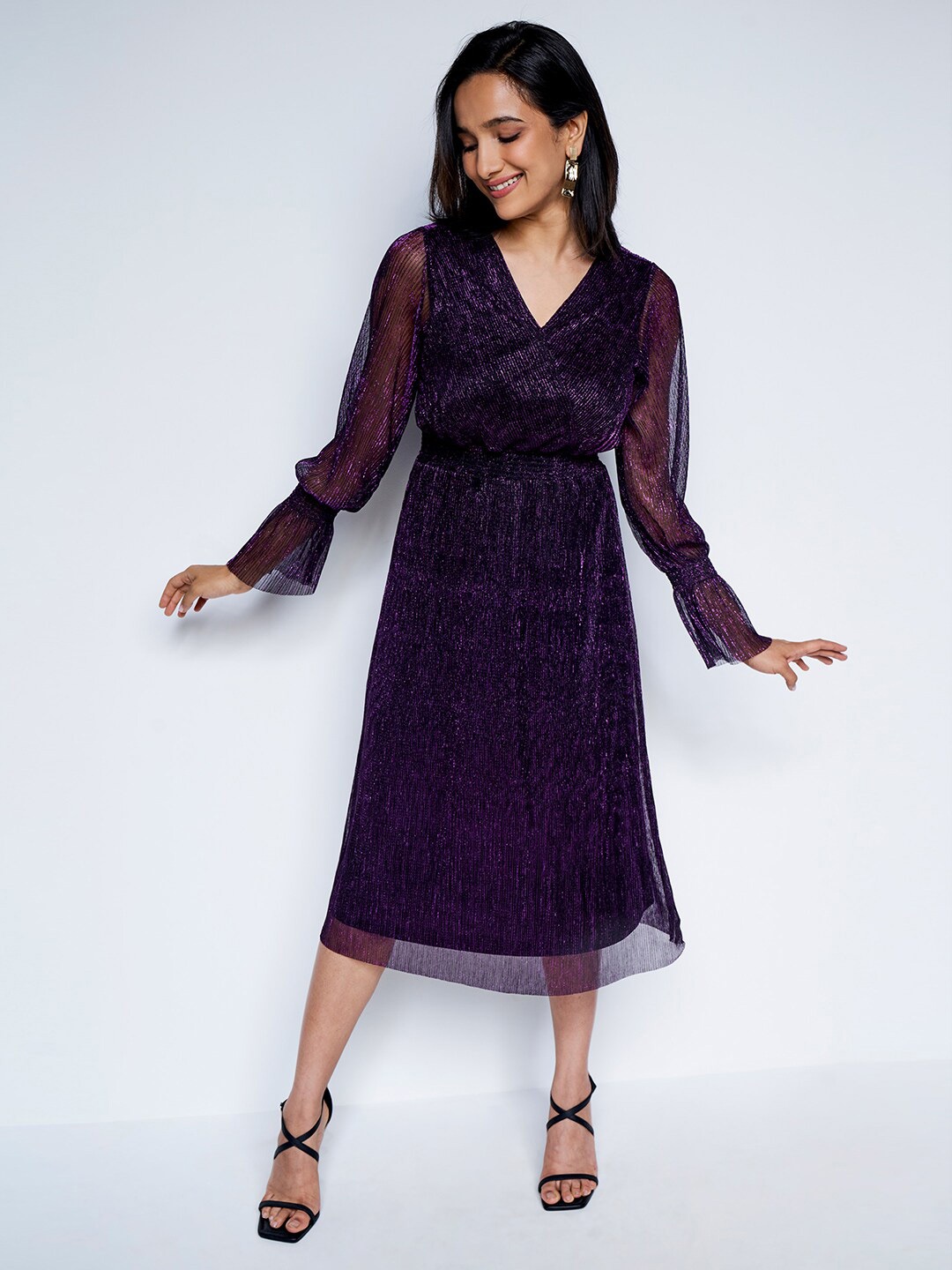 

AND Self Design Cuffed Sleeves Midi Wrap Dress, Purple