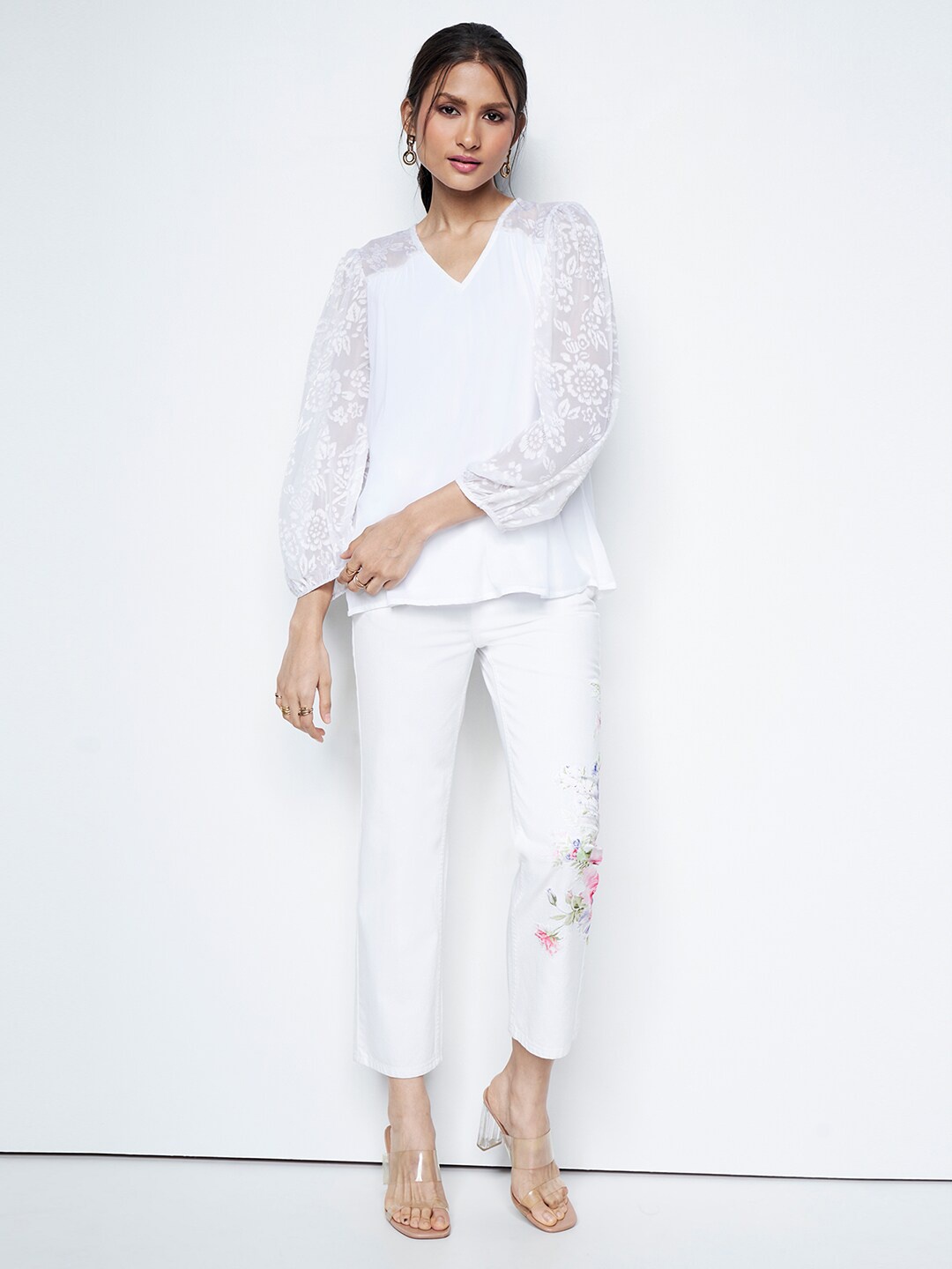 

AND Women Self Design Puff Sleeves V-neck Top, Off white