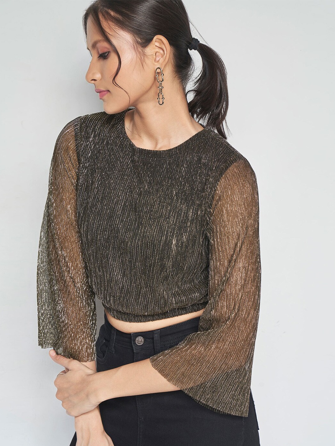 

AND Embellished Flared Sleeve Regular Crop Top, Black
