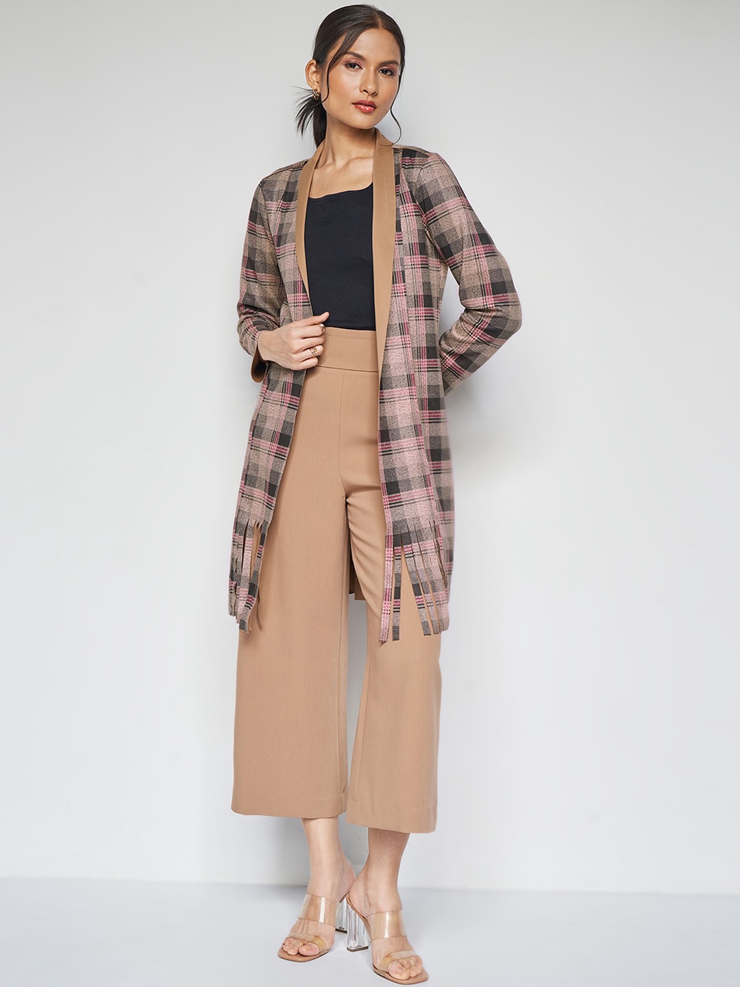 

AND Checked Shawl Collar Long Sleeves Longline Tailored Jacket, Brown