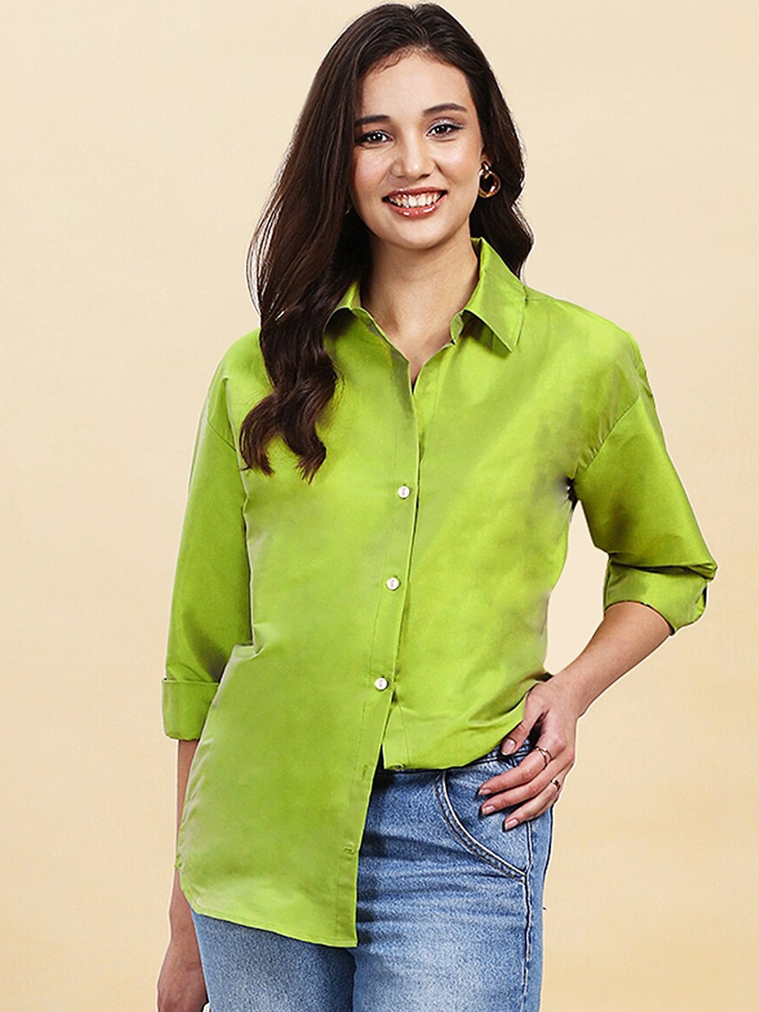 

A.T.U.N. Spread Collar Full Sleeve Relaxed Fit Casual Shirt, Lime green