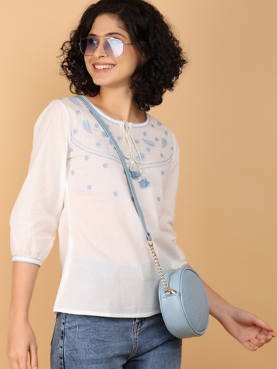 

V-Mart Women Floral Embroidered Tie-Up Neck Cotton Top, White