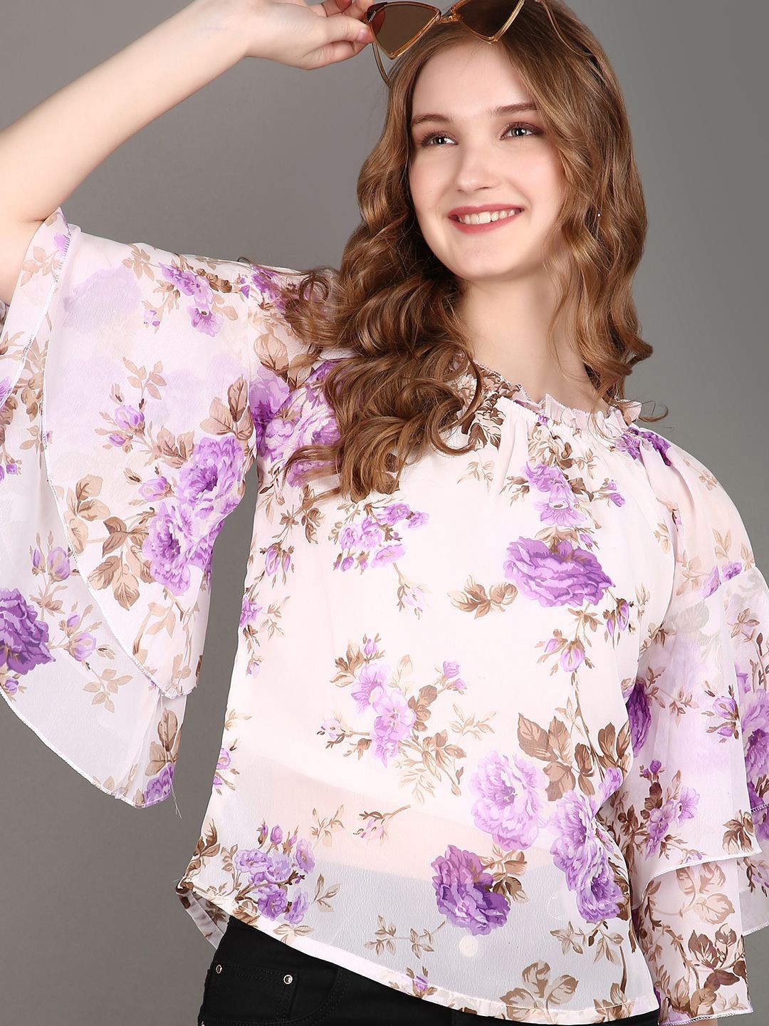 

V-Mart Floral Printed Bell Sleeves Cotton Top, Lavender