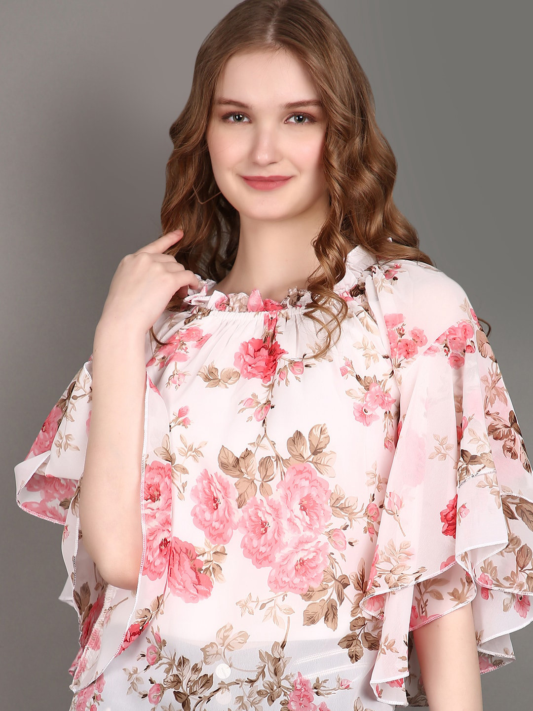 

V-Mart Floral Printed Bell Sleeves Cotton Top, Off white
