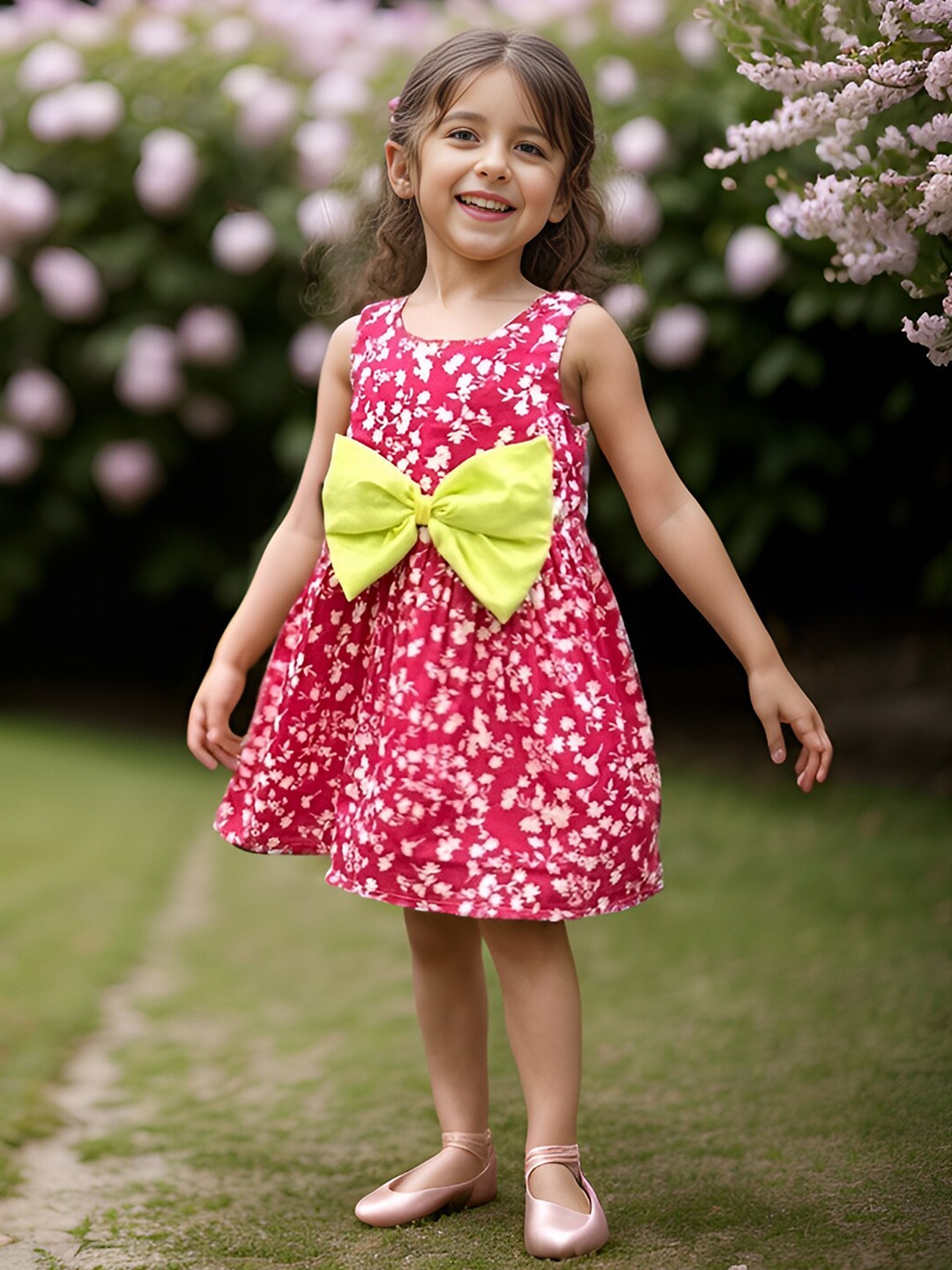 

A.T.U.N. Girls Polka Dot Print Sleeveless Bow A-Line Dress, Fuchsia