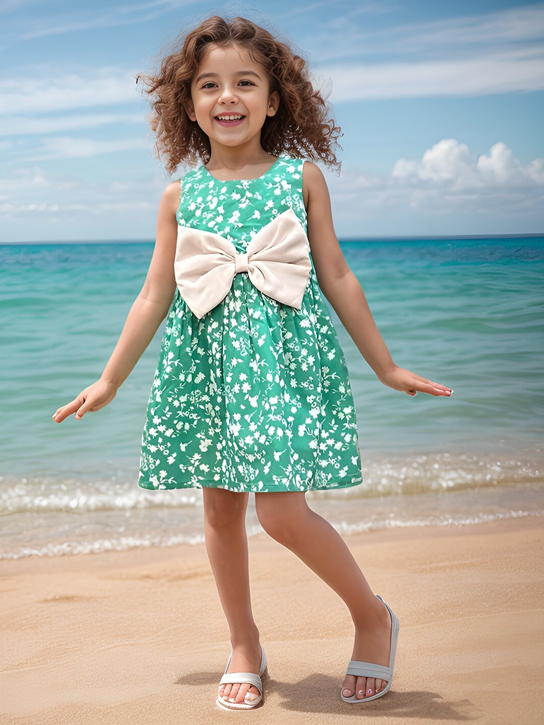 

A.T.U.N. Girls Floral Print Round Neck Sleeveless Bow A-Line Dress, Green