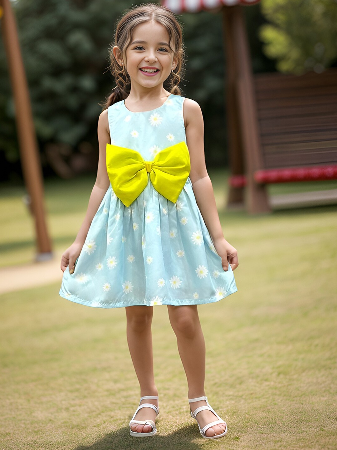 

A.T.U.N. Girls Floral Print Round Neck Sleeveless Bow Detailed A-Line Dress, Blue